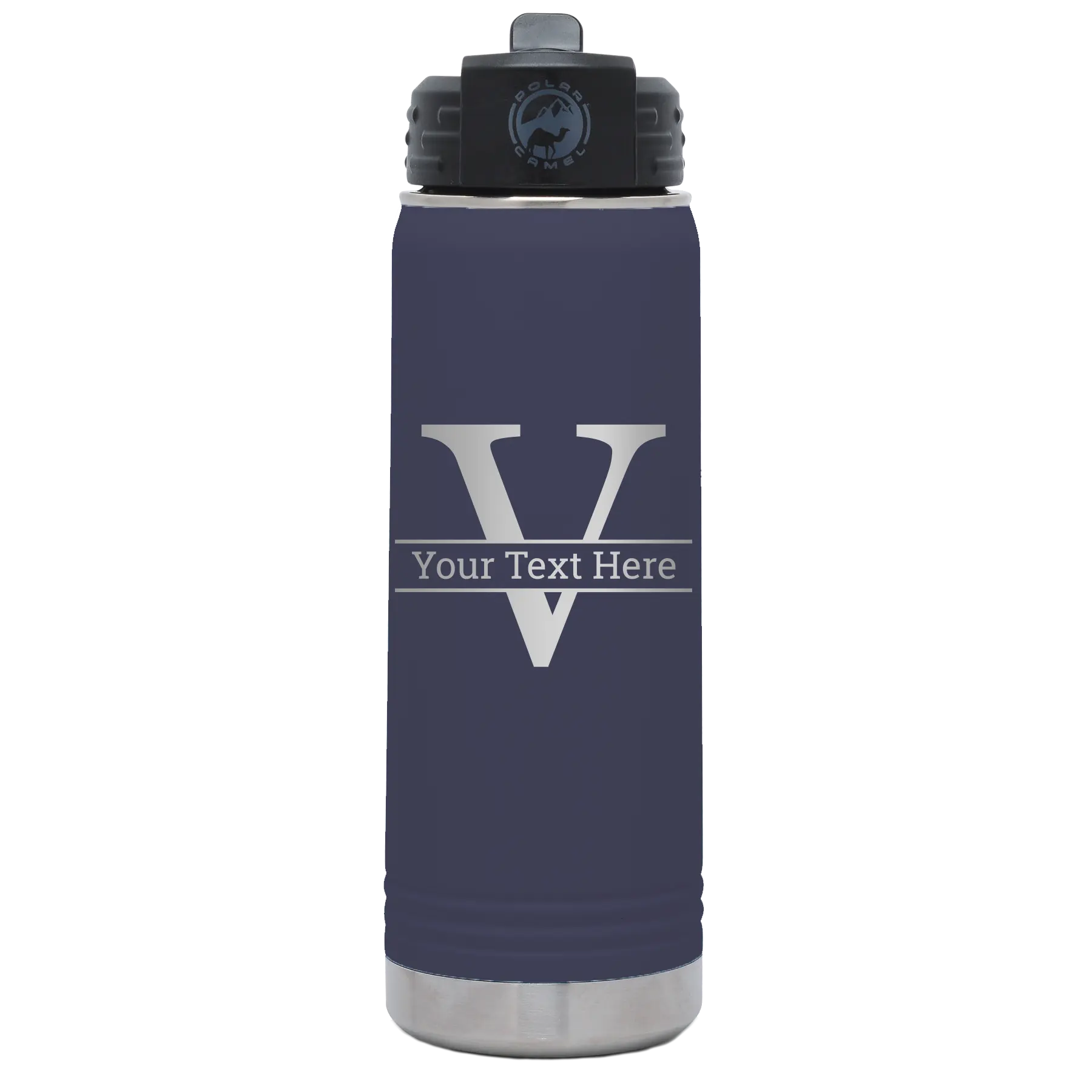 Personalized navy 20 oz vacuum insulated water bottle with 'Monogram letter V' design