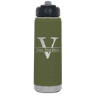 Personalized olive green 20 oz vacuum insulated water bottle with 'Monogram letter V' design