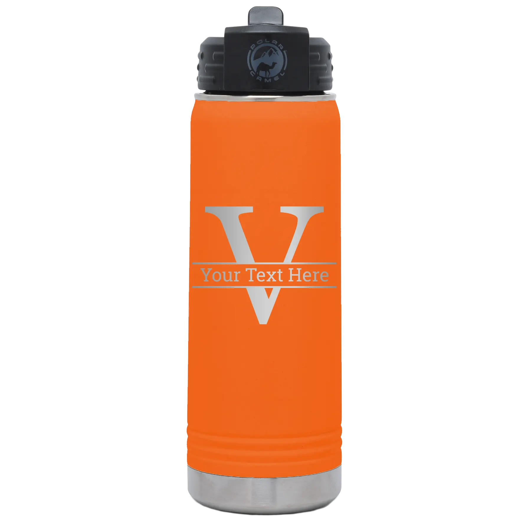 Personalized orange 20 oz vacuum insulated water bottle with 'Monogram letter V' design