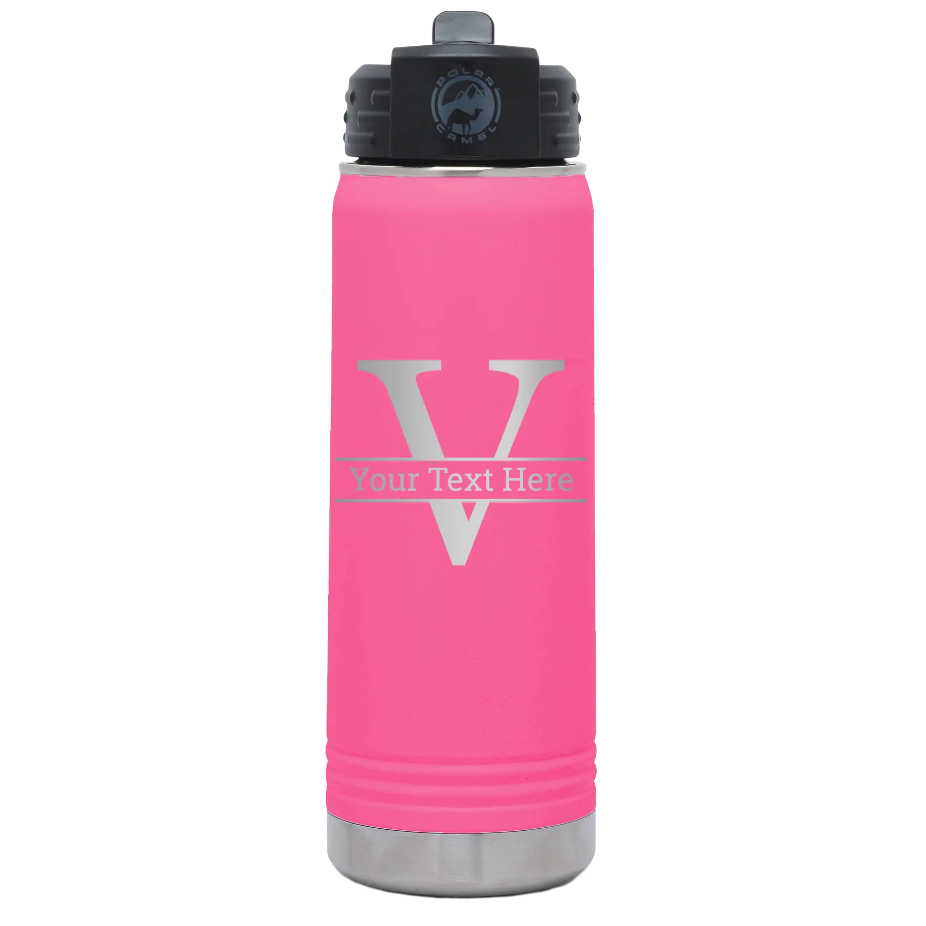 Personalized pink 20 oz vacuum insulated water bottle with 'Monogram letter V' design