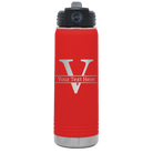 Personalized red 20 oz vacuum insulated water bottle with 'Monogram letter V' design