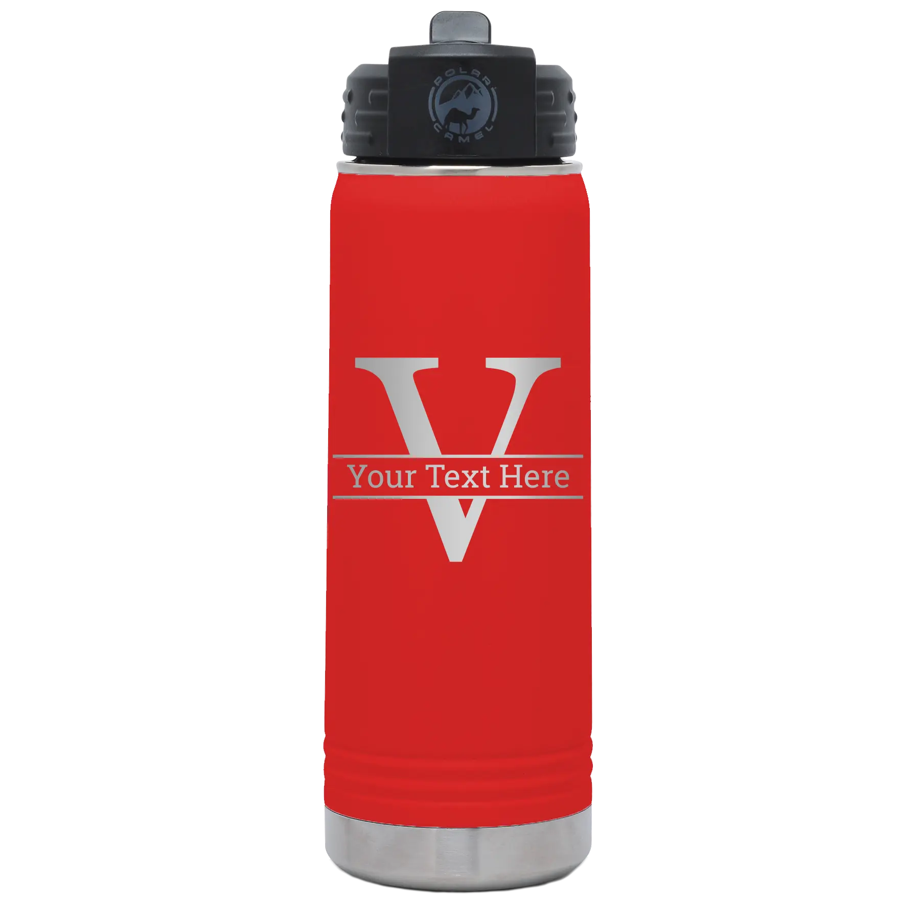 Personalized red 20 oz vacuum insulated water bottle with 'Monogram letter V' design