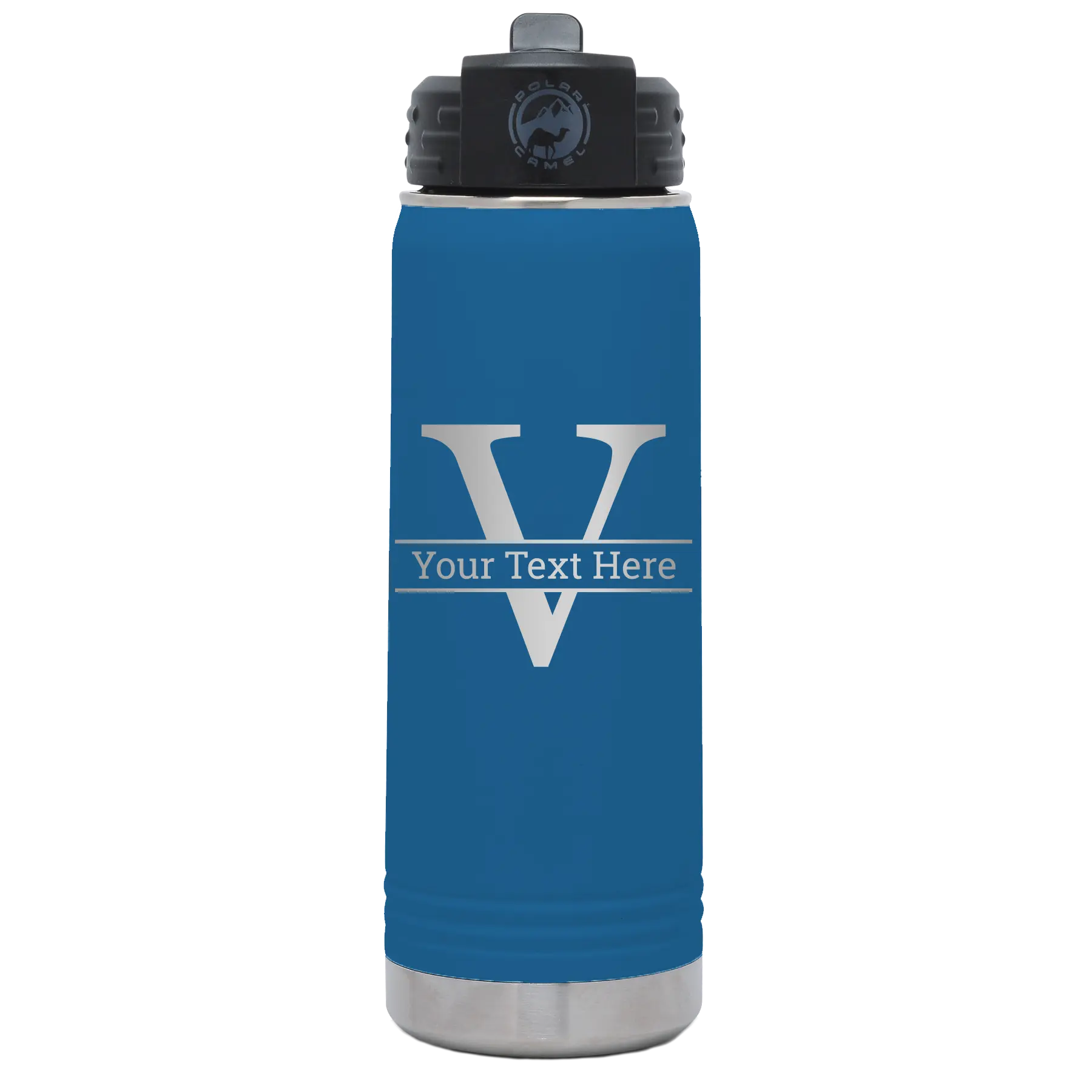 Personalized royal blue 20 oz vacuum insulated water bottle with 'Monogram letter V' design