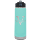 Personalized teal 20 oz vacuum insulated water bottle with 'Monogram letter V' design