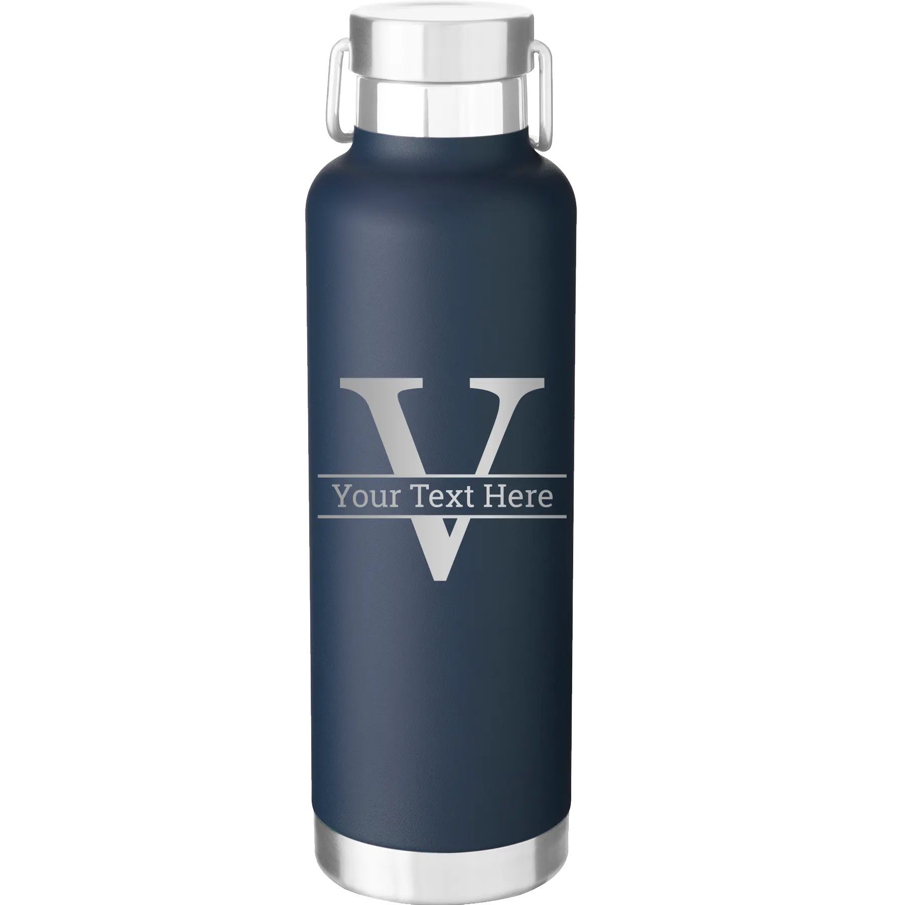 Personalized navy 24 oz vacuum insulated water bottle with 'Monogram letter V' design