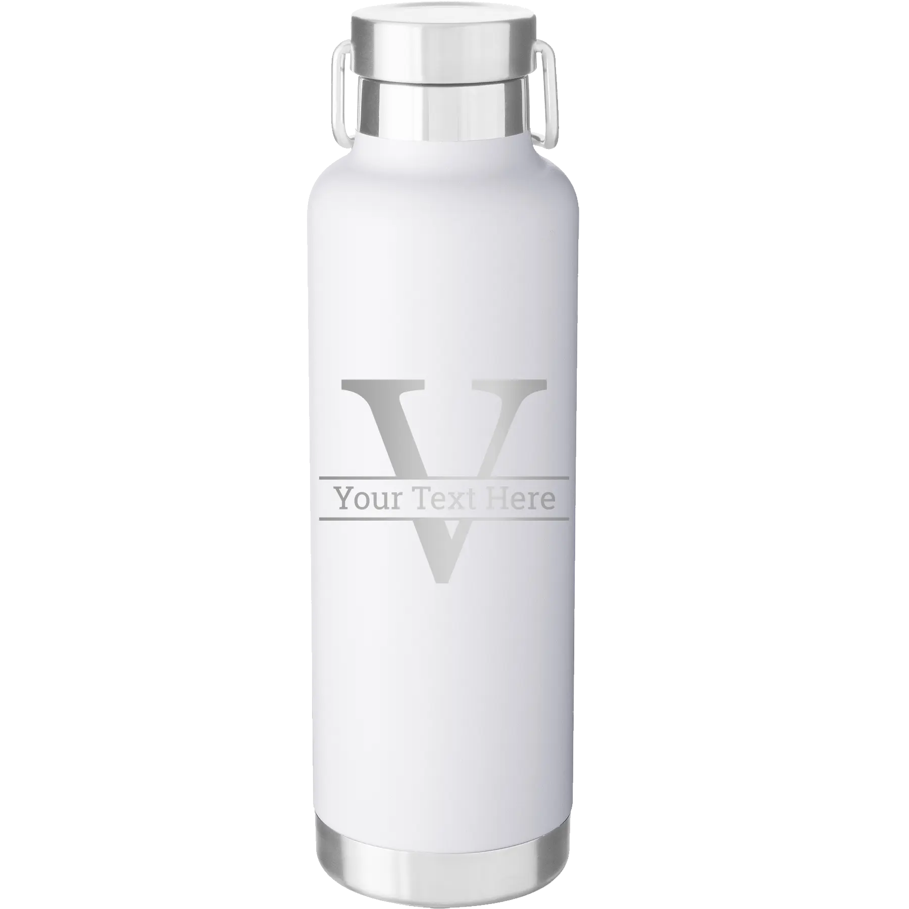 Personalized white 24 oz vacuum insulated water bottle with 'Monogram letter V' design