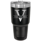 Personalized black 30 oz vacuum insulated tumbler with 'Monogram letter V' design