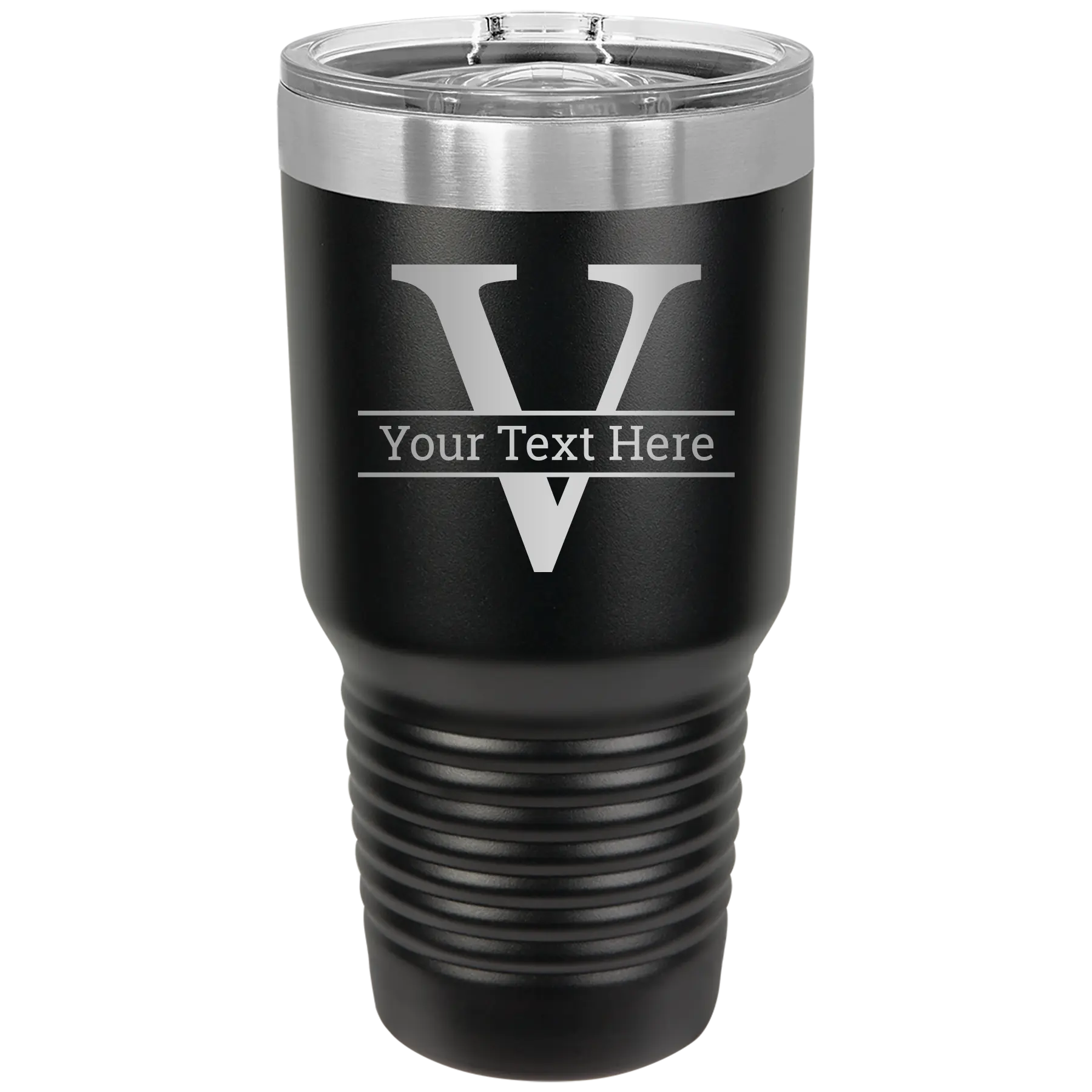 Personalized black 30 oz vacuum insulated tumbler with 'Monogram letter V' design