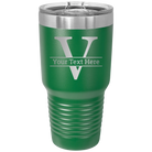 Personalized green 30 oz vacuum insulated tumbler with 'Monogram letter V' design