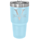 Personalized light blue 30 oz vacuum insulated tumbler with 'Monogram letter V' design