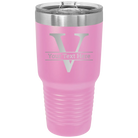 Personalized light purple 30 oz vacuum insulated tumbler with 'Monogram letter V' design