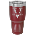 Personalized maroon 30 oz vacuum insulated tumbler with 'Monogram letter V' design