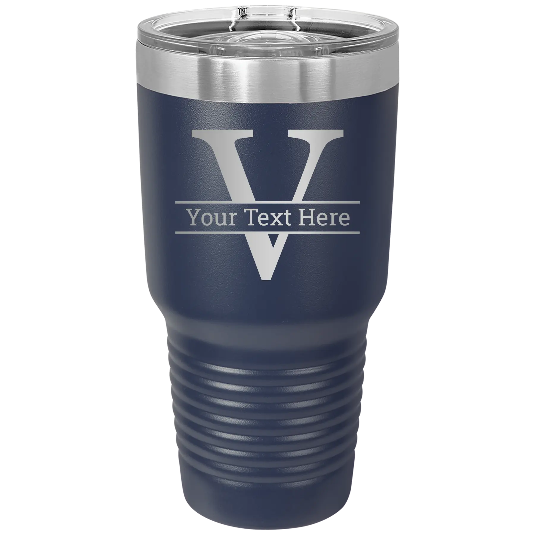 Personalized navy 30 oz vacuum insulated tumbler with 'Monogram letter V' design