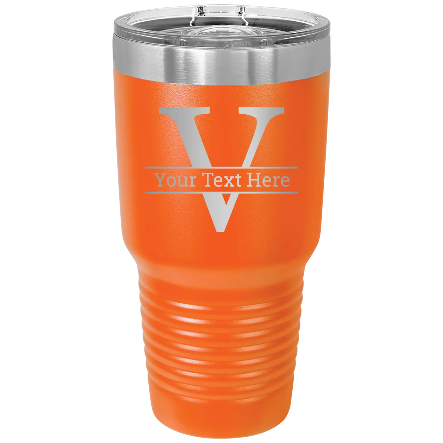 Personalized orange 30 oz vacuum insulated tumbler with 'Monogram letter V' design
