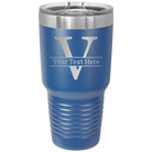 Personalized royal blue 30 oz vacuum insulated tumbler with 'Monogram letter V' design