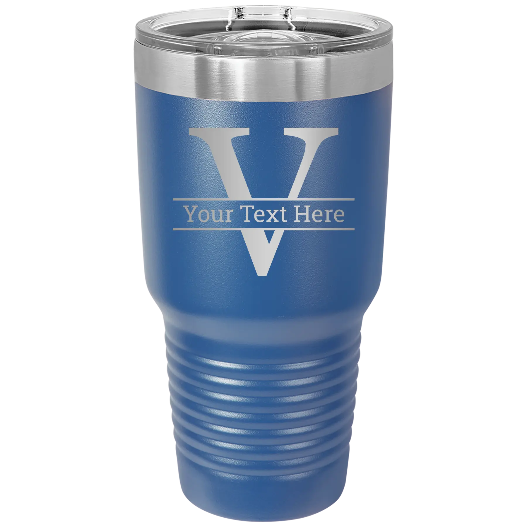 Personalized royal blue 30 oz vacuum insulated tumbler with 'Monogram letter V' design