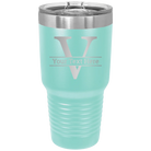 Personalized teal 30 oz vacuum insulated tumbler with 'Monogram letter V' design