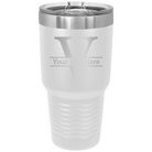 Personalized white 30 oz vacuum insulated tumbler with 'Monogram letter V' design