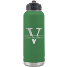 Personalized green 32 oz vacuum insulated water bottle with 'Monogram letter V' design