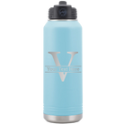 Personalized light blue 32 oz vacuum insulated water bottle with 'Monogram letter V' design