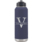 Personalized navy 32 oz vacuum insulated water bottle with 'Monogram letter V' design