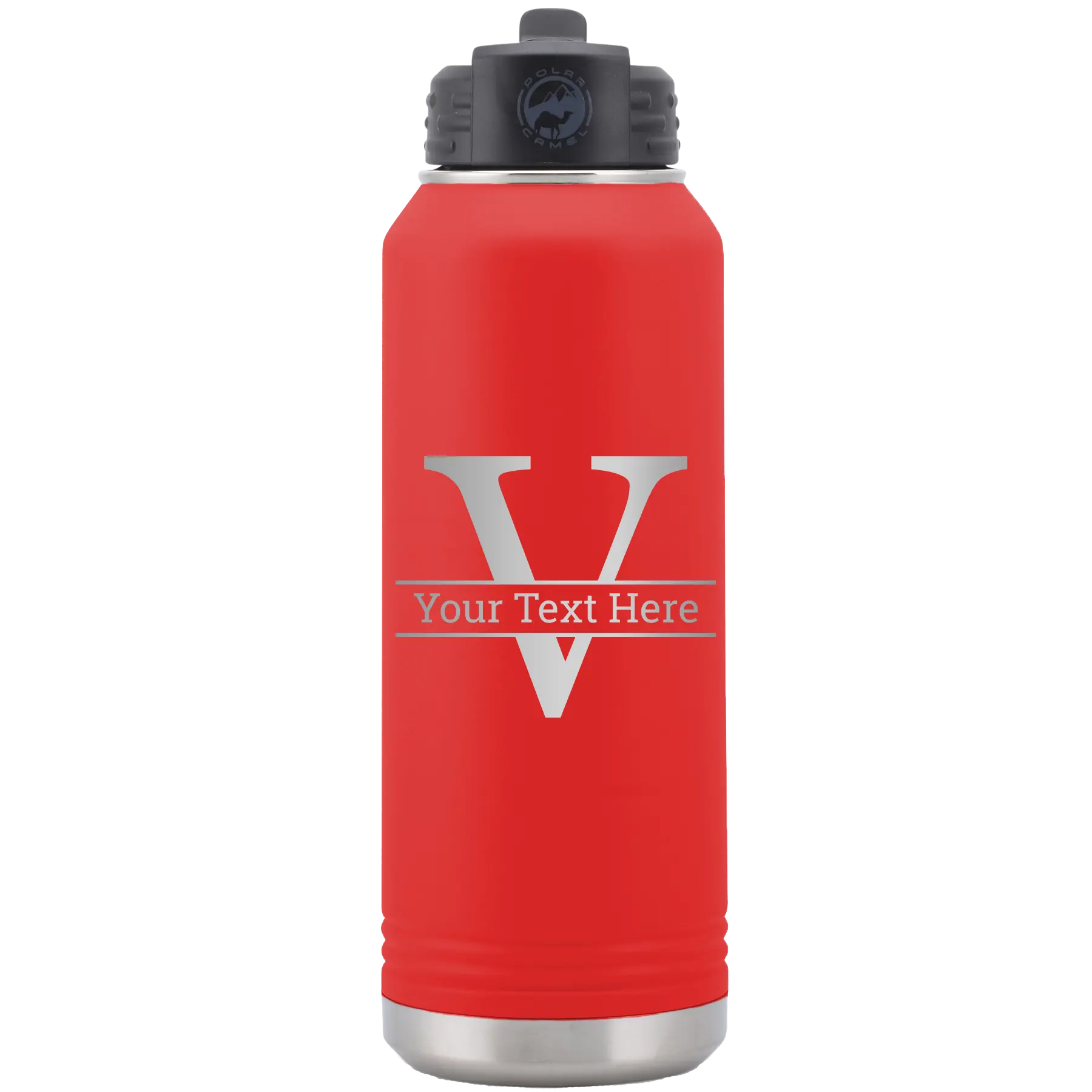 Personalized red 32 oz vacuum insulated water bottle with 'Monogram letter V' design