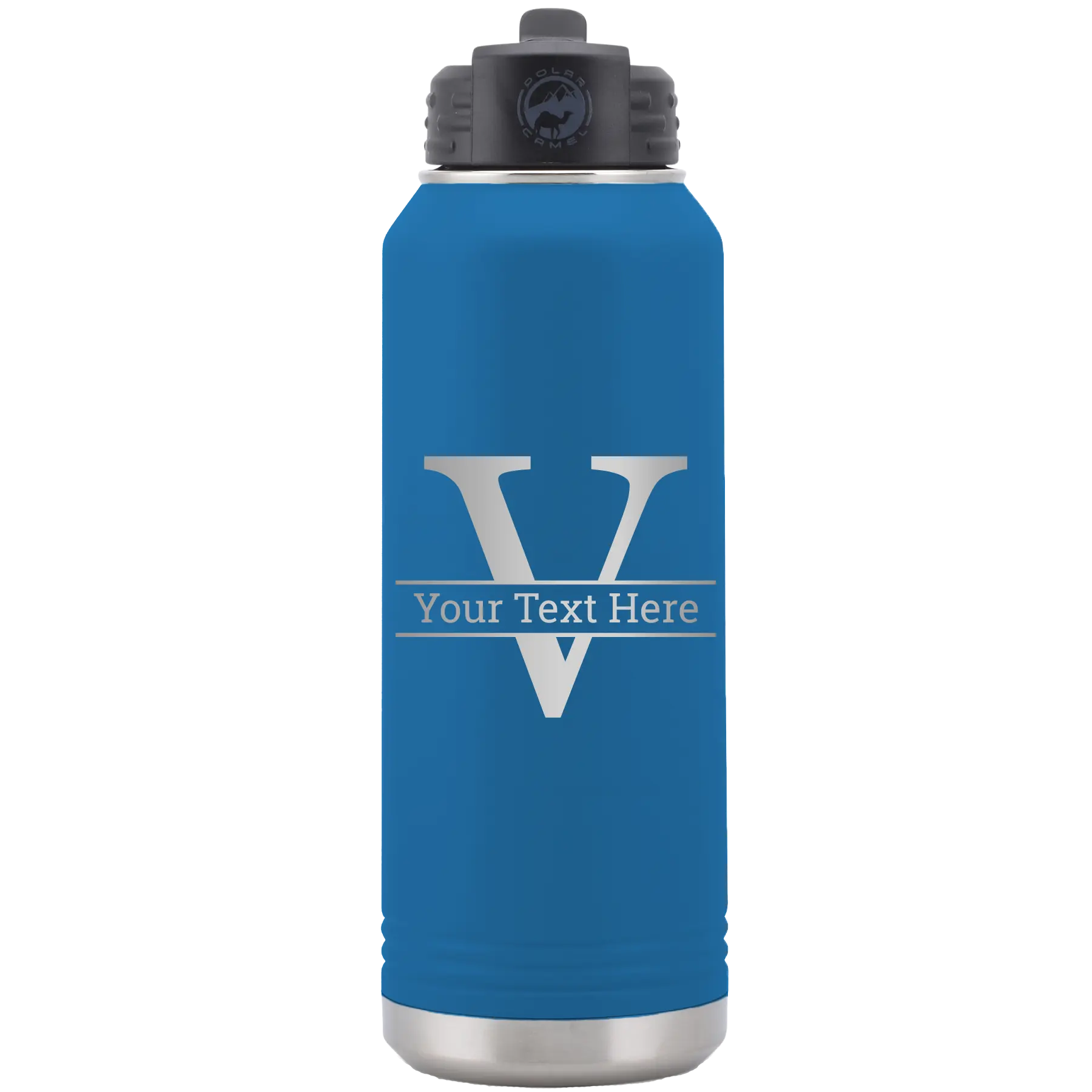 Personalized royal blue 32 oz vacuum insulated water bottle with 'Monogram letter V' design