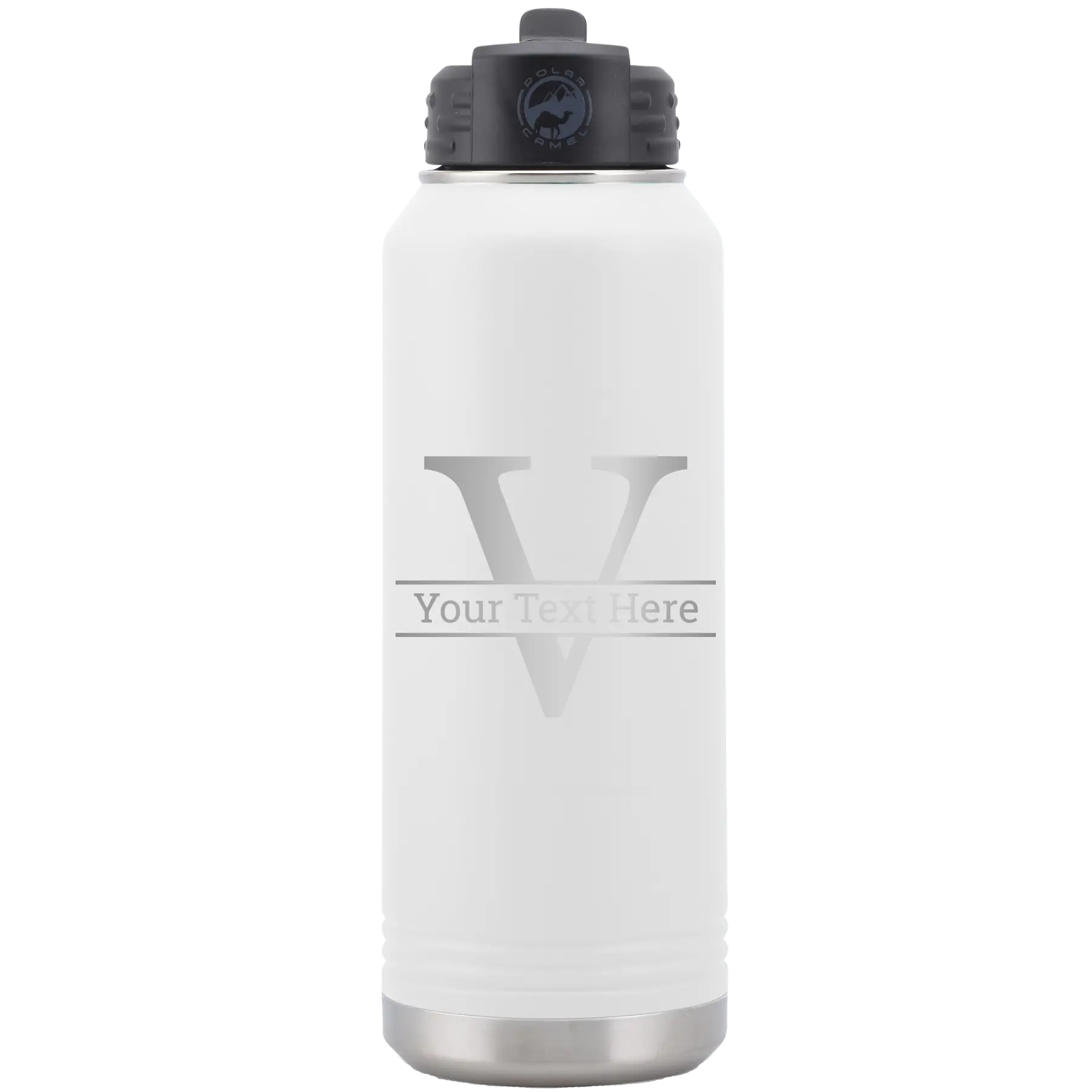 Personalized white 32 oz vacuum insulated water bottle with 'Monogram letter V' design