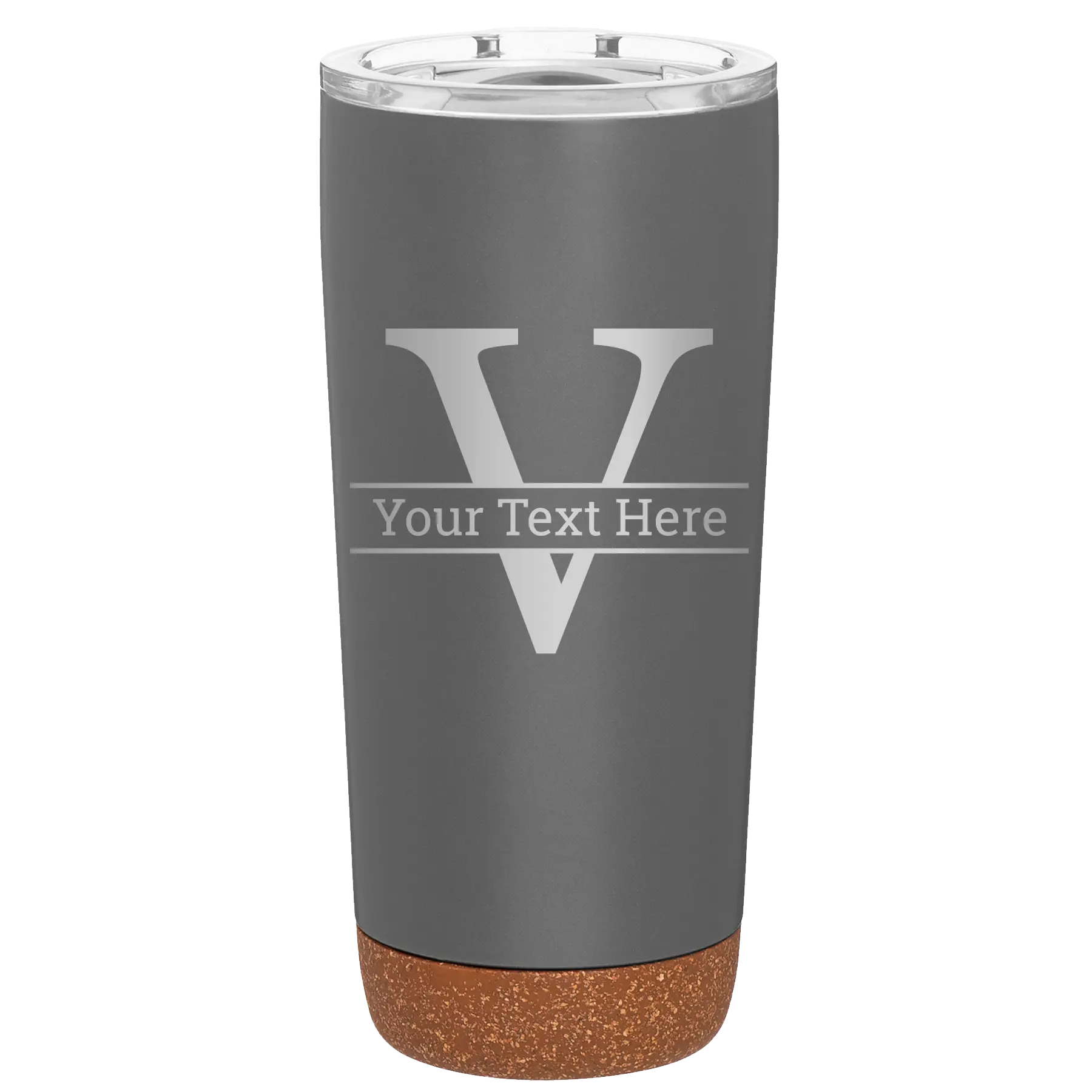 Personalized storm gray 20 oz vacuum insulated tumbler with 'Monogram letter V' design