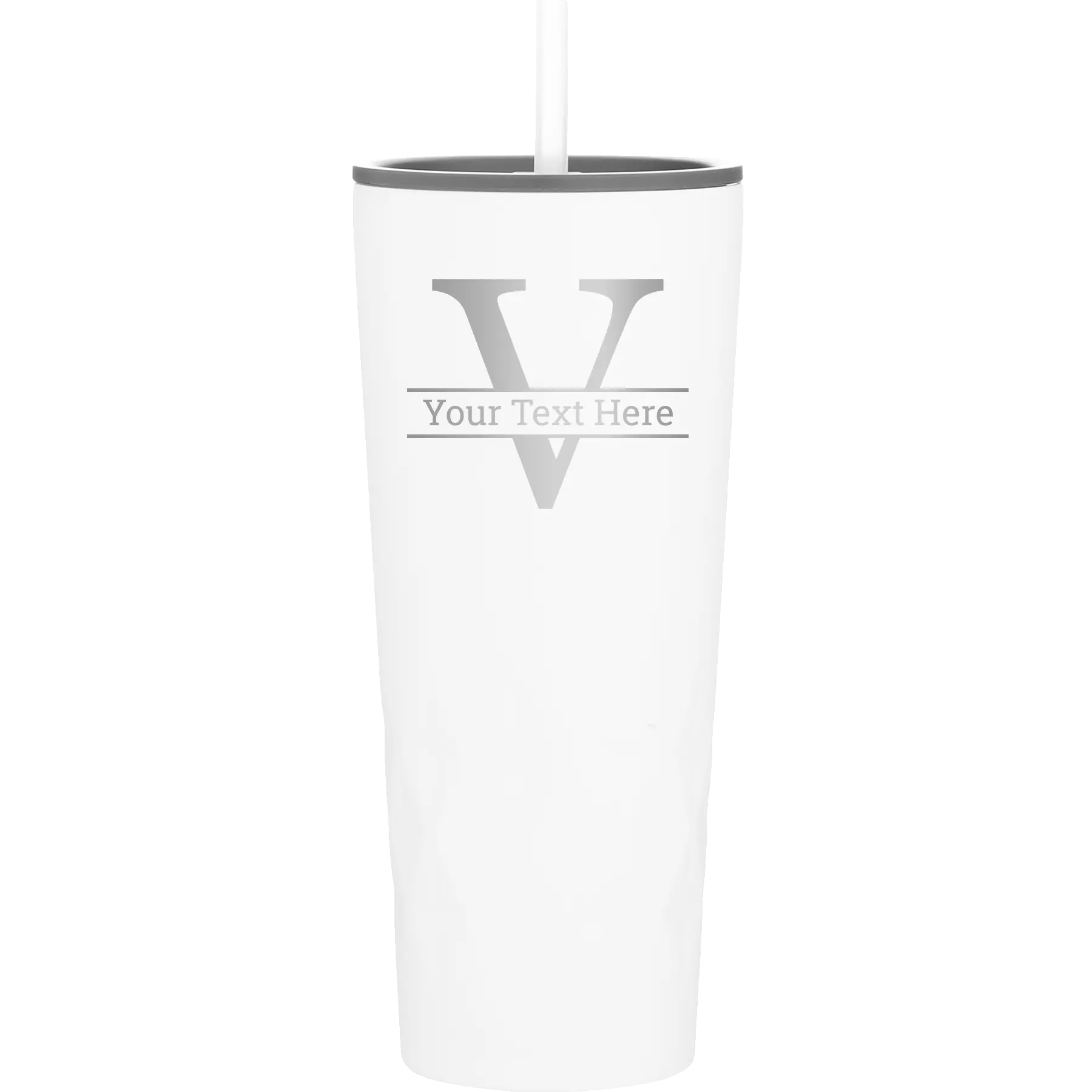 Personalized white 20 oz vacuum insulated tumbler with 'Monogram letter V' design