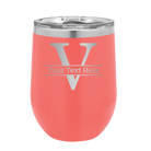 Personalized coral 12 oz vacuum insulated wine cup with 'Monogram letter V' design