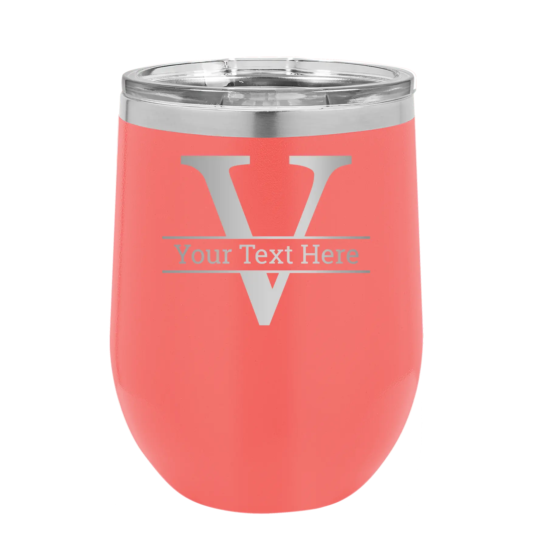 Personalized coral 12 oz vacuum insulated wine cup with 'Monogram letter V' design