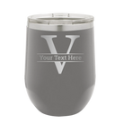Personalized dark gray 12 oz vacuum insulated wine cup with 'Monogram letter V' design