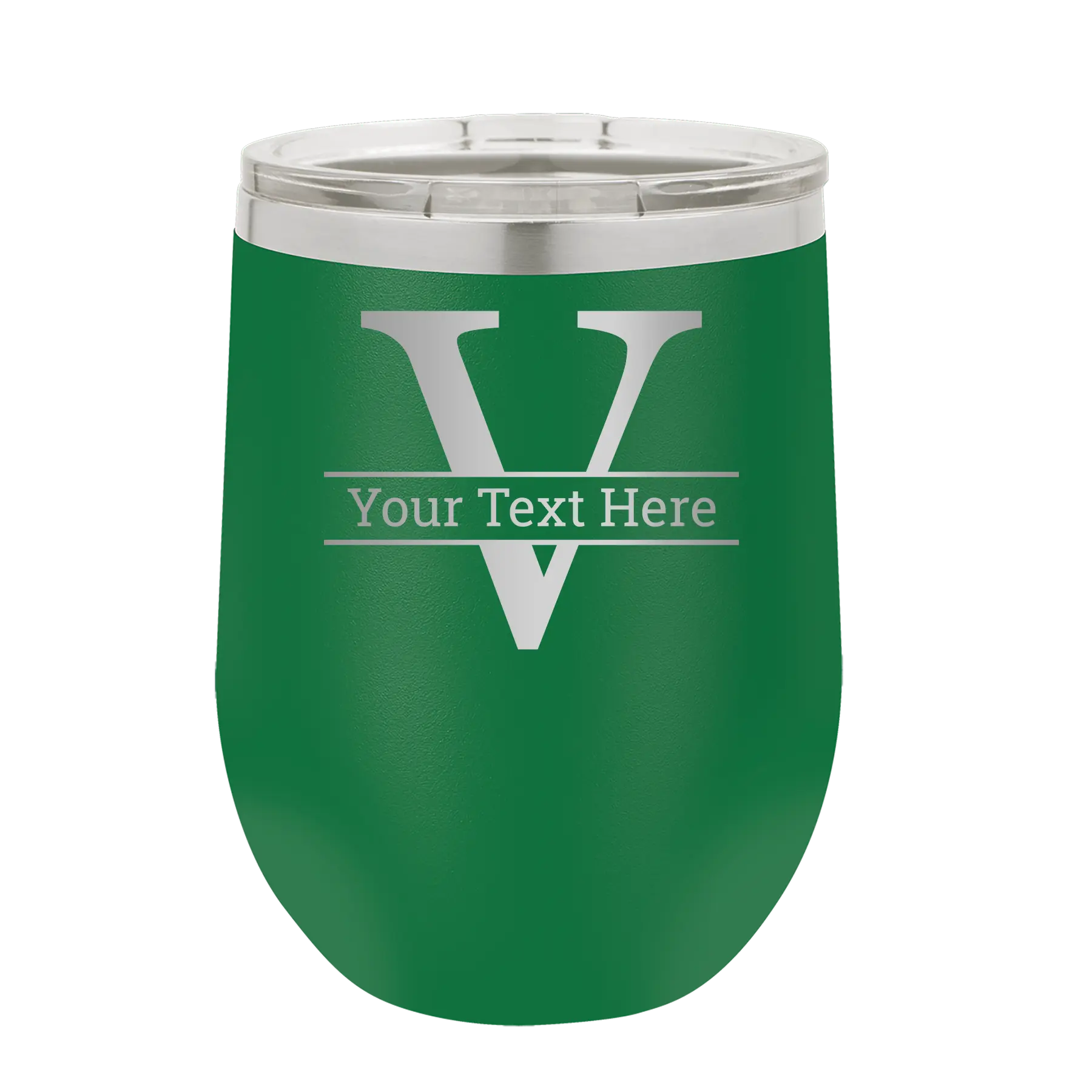 Personalized green 12 oz vacuum insulated wine cup with 'Monogram letter V' design