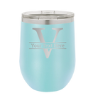Personalized light blue 12 oz vacuum insulated wine cup with 'Monogram letter V' design