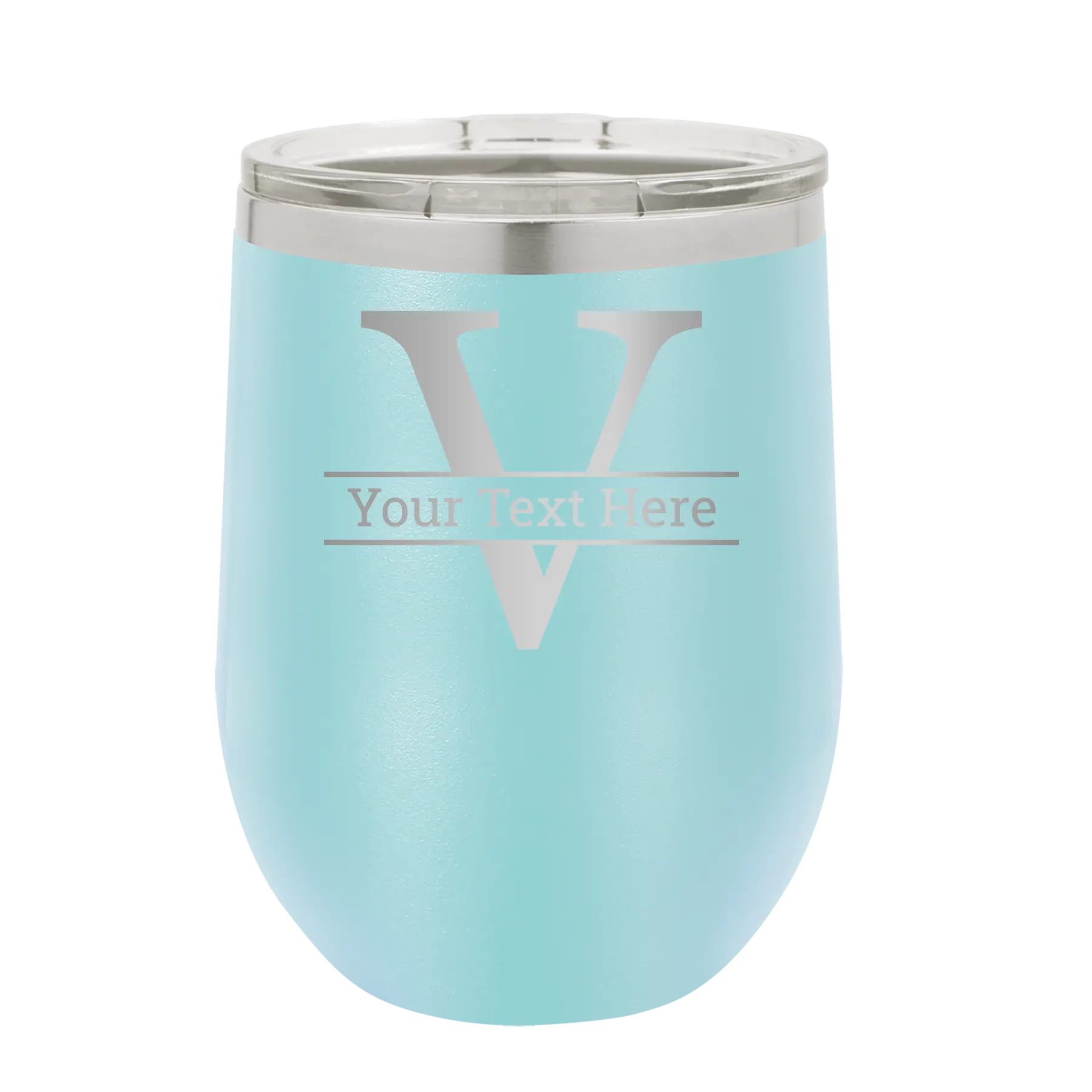 Personalized light blue 12 oz vacuum insulated wine cup with 'Monogram letter V' design