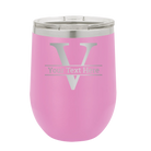 Personalized light purple 12 oz vacuum insulated wine cup with 'Monogram letter V' design