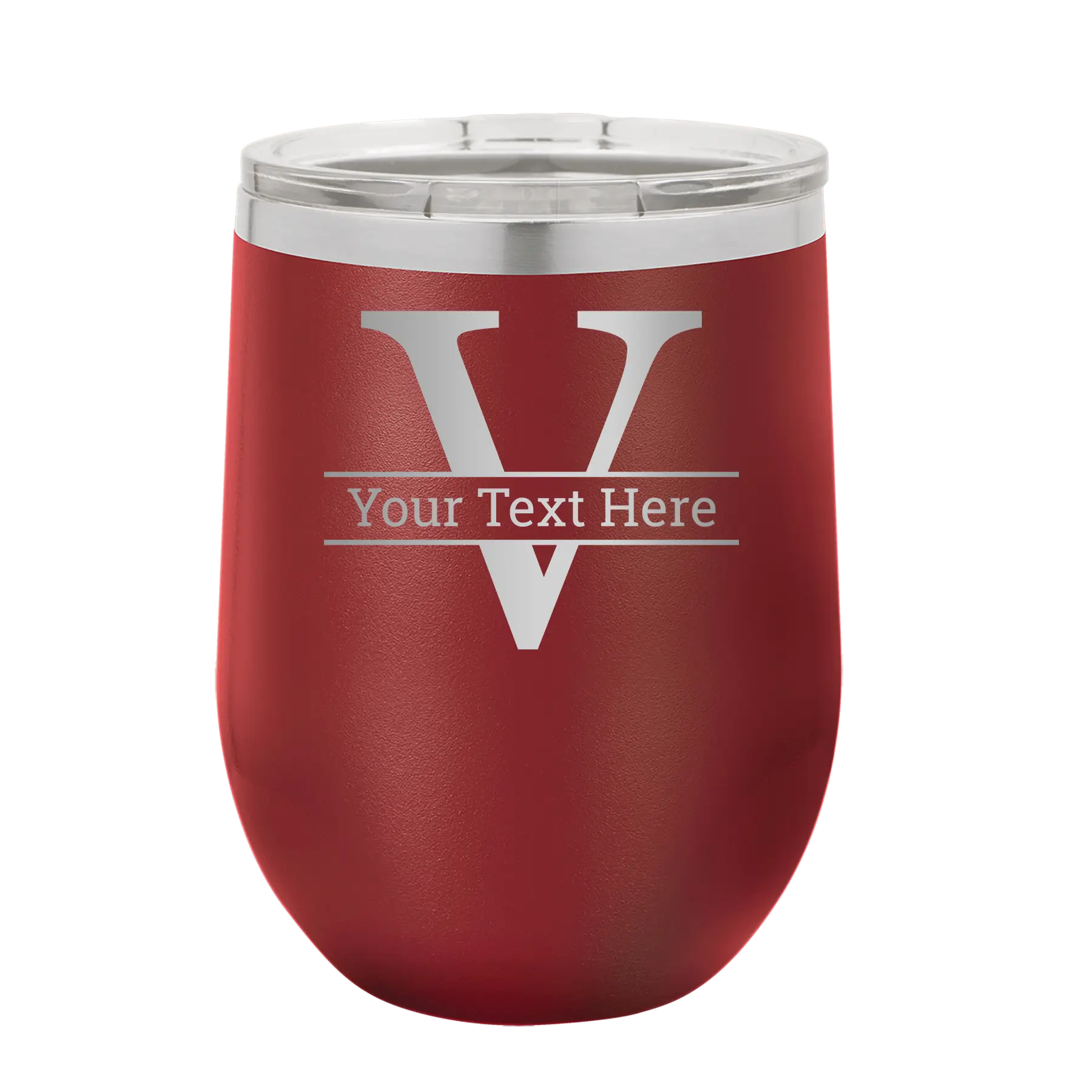 Personalized maroon 12 oz vacuum insulated wine cup with 'Monogram letter V' design