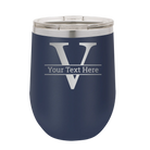 Personalized navy 12 oz vacuum insulated wine cup with 'Monogram letter V' design