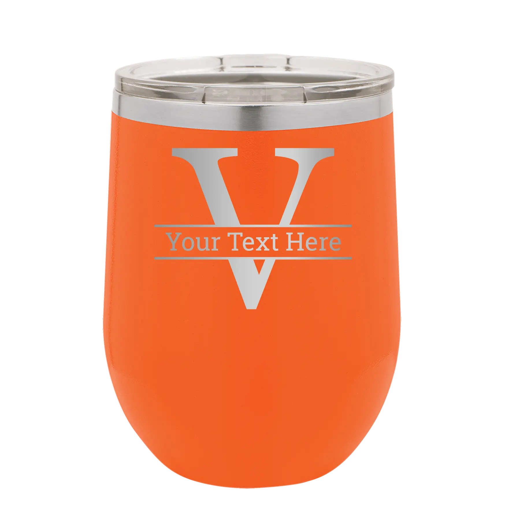 Personalized orange 12 oz vacuum insulated wine cup with 'Monogram letter V' design