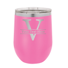Personalized pink 12 oz vacuum insulated wine cup with 'Monogram letter V' design