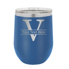 Personalized royal blue 12 oz vacuum insulated wine cup with 'Monogram letter V' design