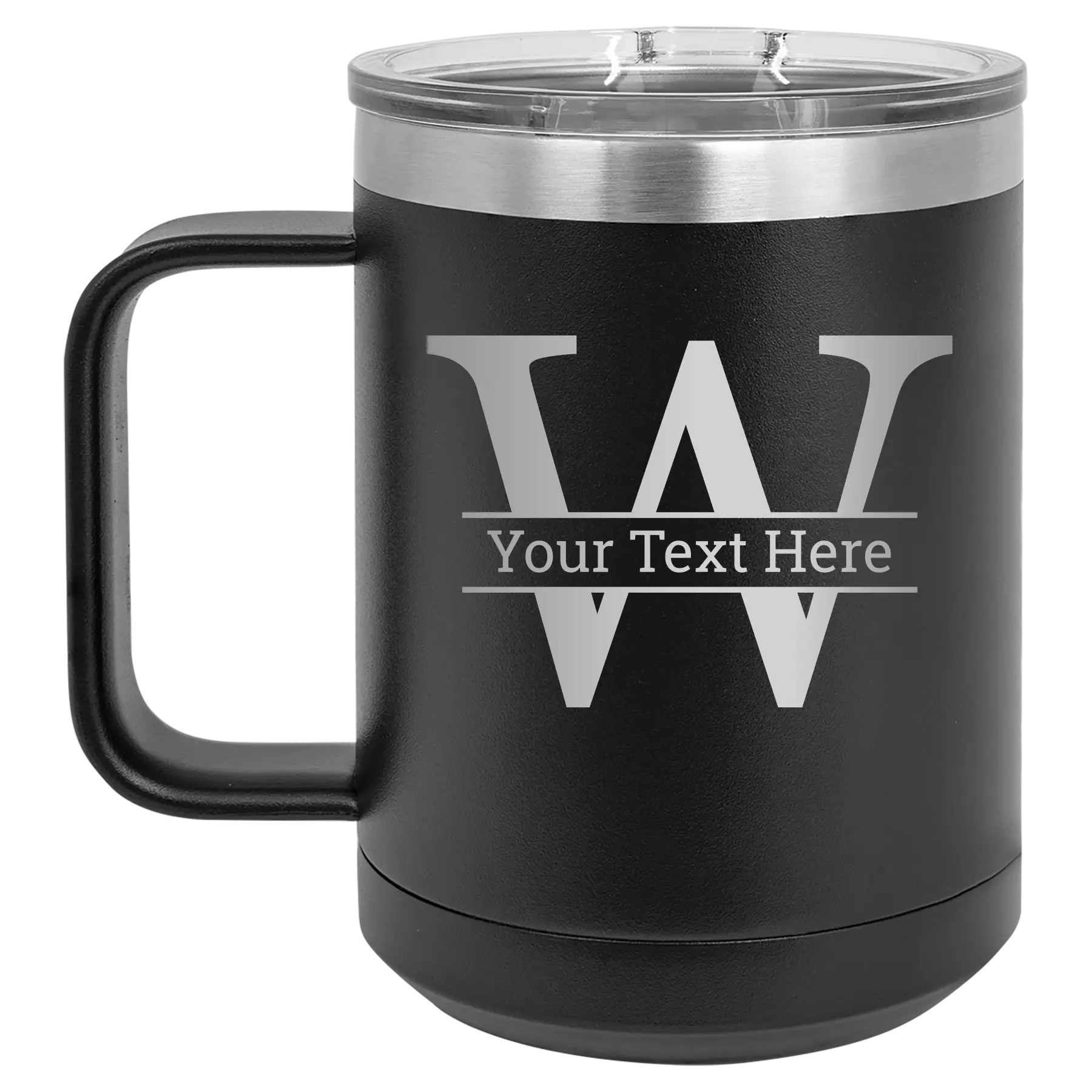 Personalized black 15 oz vacuum insulated coffee mug with 'Monogram letter W' design