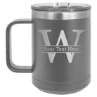 Personalized dark gray 15 oz vacuum insulated coffee mug with 'Monogram letter W' design