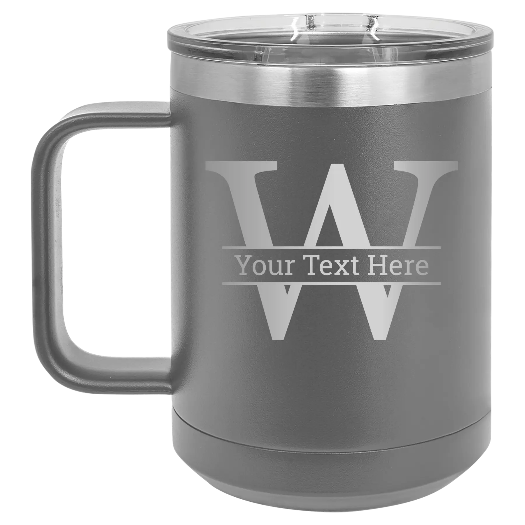 Personalized dark gray 15 oz vacuum insulated coffee mug with 'Monogram letter W' design
