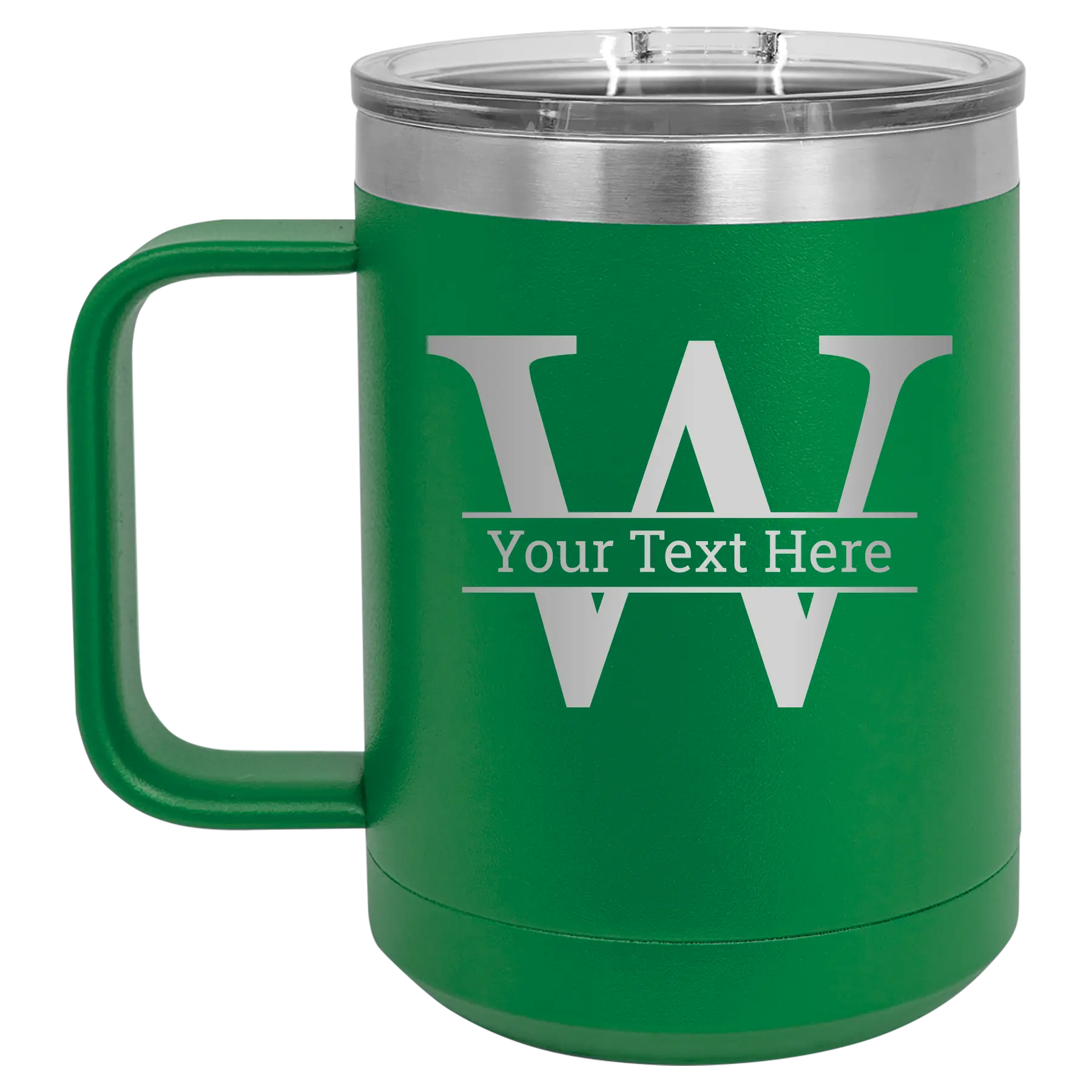 Personalized green 15 oz vacuum insulated coffee mug with 'Monogram letter W' design