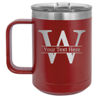 Personalized maroon 15 oz vacuum insulated coffee mug with 'Monogram letter W' design