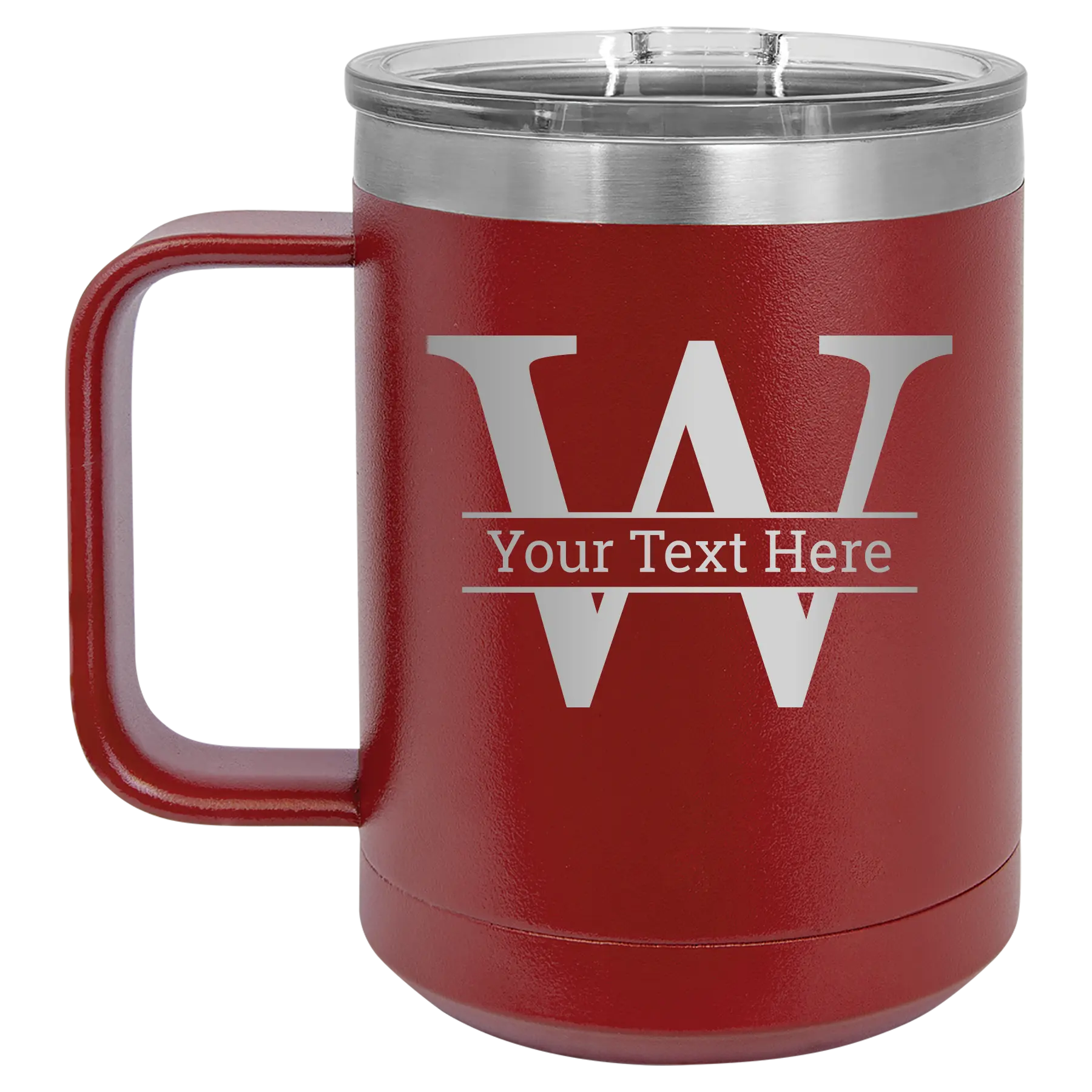 Personalized maroon 15 oz vacuum insulated coffee mug with 'Monogram letter W' design