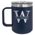 Personalized navy 15 oz vacuum insulated coffee mug with 'Monogram letter W' design