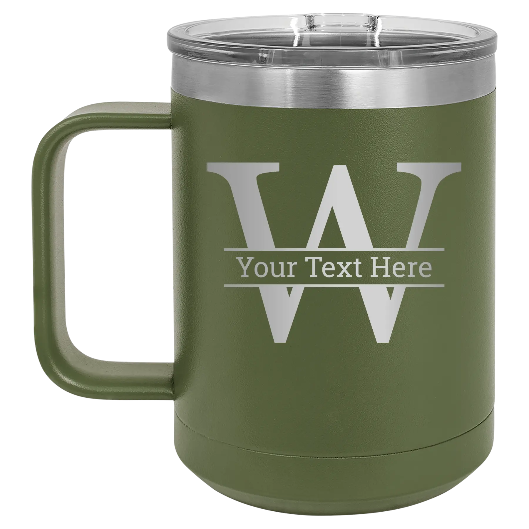 Personalized olive green 15 oz vacuum insulated coffee mug with 'Monogram letter W' design